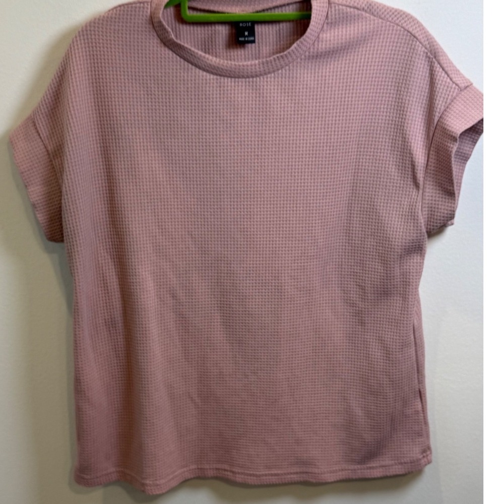 Rose Women Pink Waffle Knit Short Sleeve Crew Neck Top Size Medium